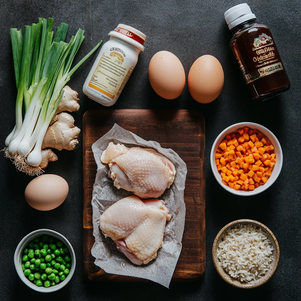 Flat lay of crockpot chicken fried rice ingredients including chicken thighs, jasmine rice, soy sauce, eggs, and vegetables
