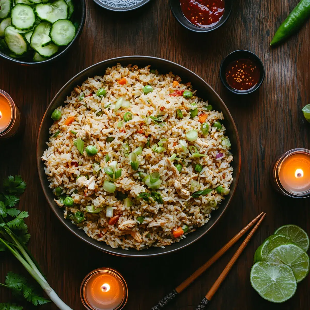 Overhead dinner spread of chicken fried rice with cucumber salad and condiments