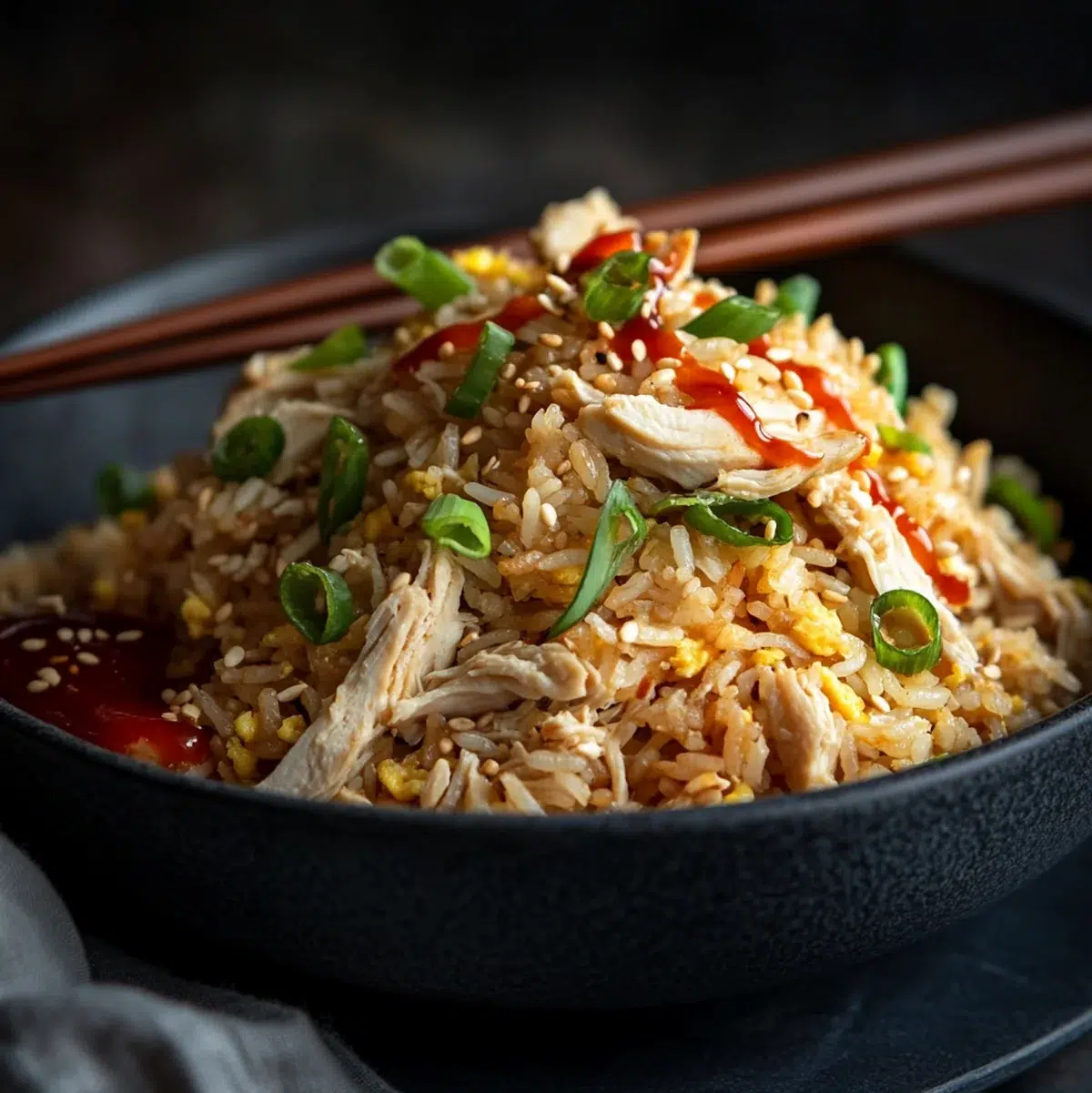 Beautifully styled bowl of chicken fried rice garnished with scallions and sesame seeds