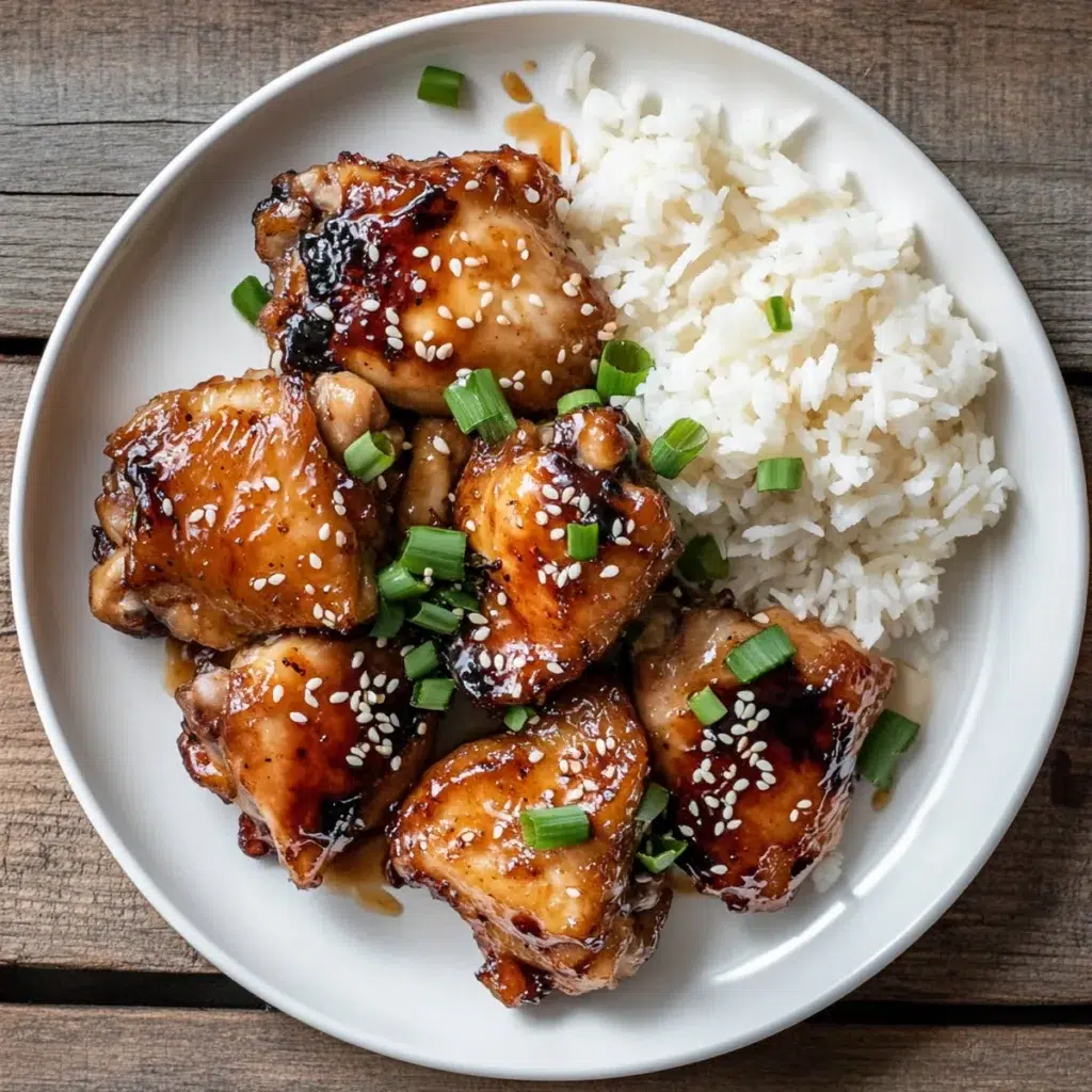 Crockpot honey garlic chicken thighs glazed in sticky sauce on a plate with rice