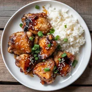 Crockpot honey garlic chicken thighs glazed in sticky sauce on a plate with rice