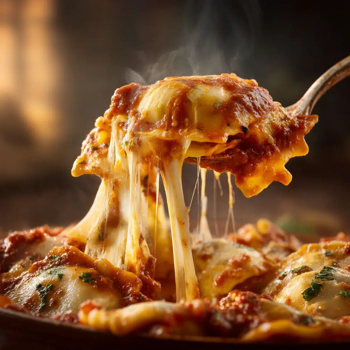 Serving spoon lifting portion of crockpot ravioli lasagna showing stretchy melted cheese pull