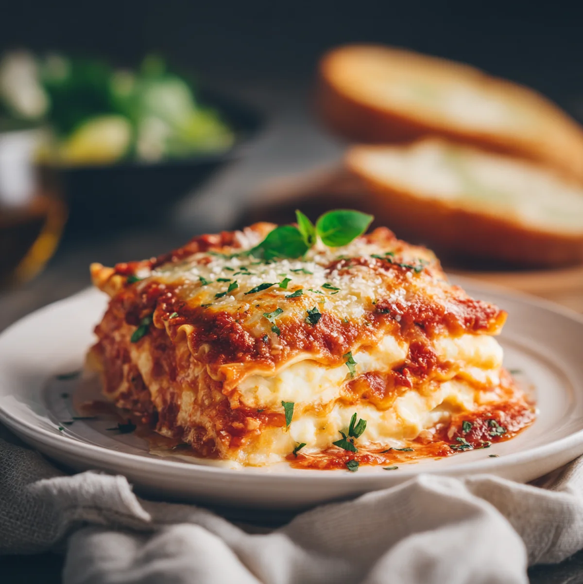 Plated portion of crockpot ravioli lasagna on white plate with garlic bread and side salad