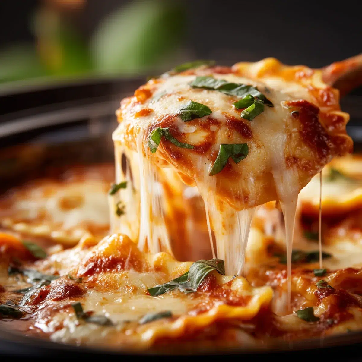 Golden bubbling crockpot ravioli lasagna with melted cheese and fresh basil in a slow cooker