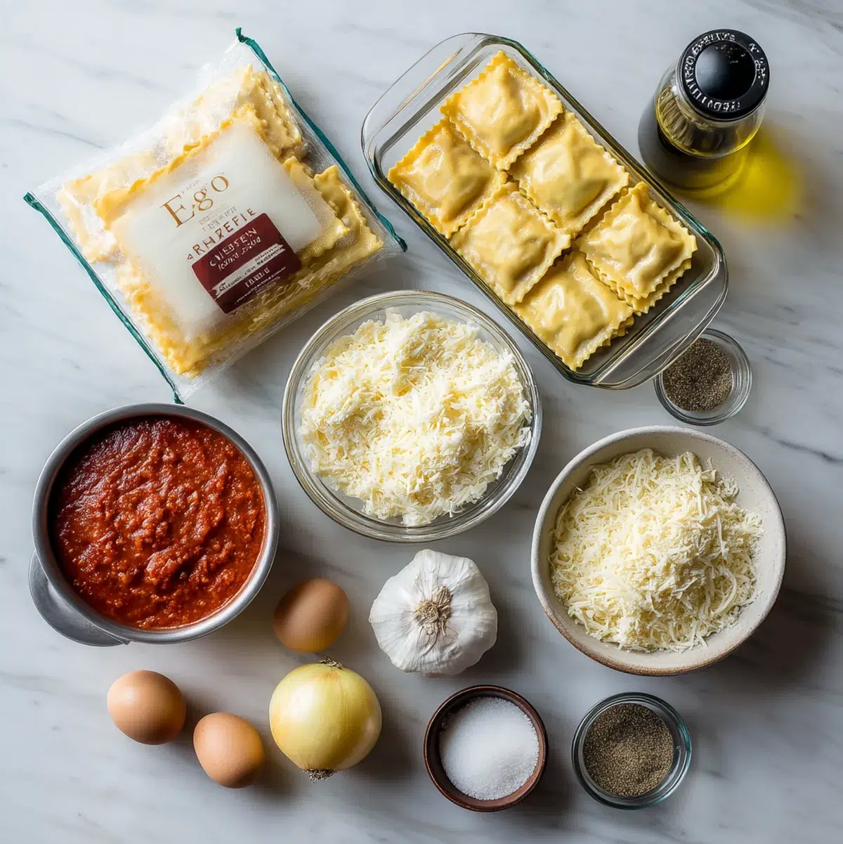Crockpot ravioli lasagna ingredients flat lay with frozen ravioli, marinara sauce, ricotta, mozzarella, and Italian spices