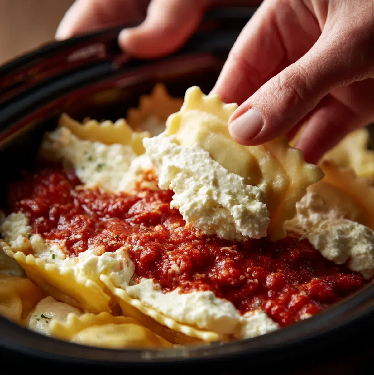 Hands layering frozen ravioli and ricotta cheese mixture into a slow cooker for crockpot ravioli lasagna