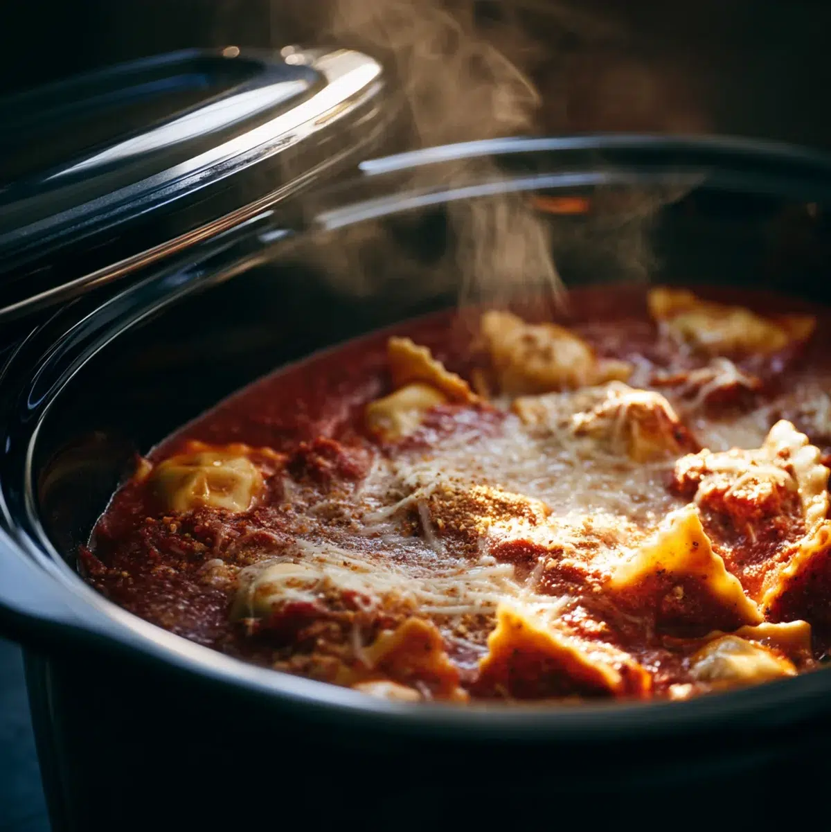 Crockpot ravioli lasagna halfway through cooking with sauce bubbling around the edges