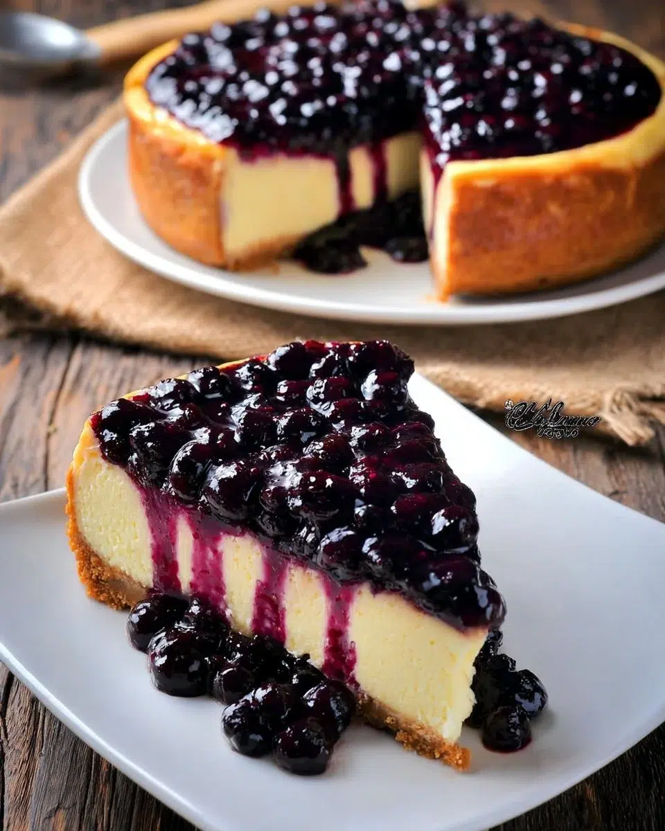 Delicious homemade cheesecake topped with fresh fruit and drizzled sauce