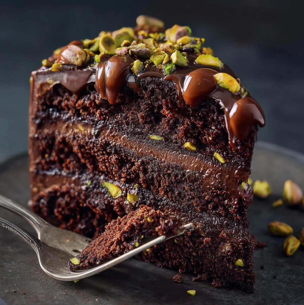 Final beauty shot of completed Dubai chocolate cake on elegant cake stand with slice removed showing layers
