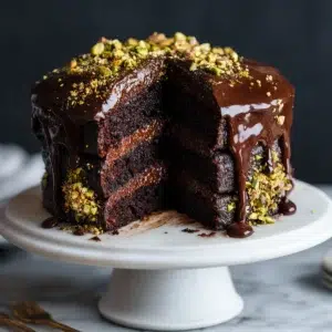 Dubai chocolate cake on elegant cake stand showing dark chocolate layers with glossy ganache and toasted pistachios