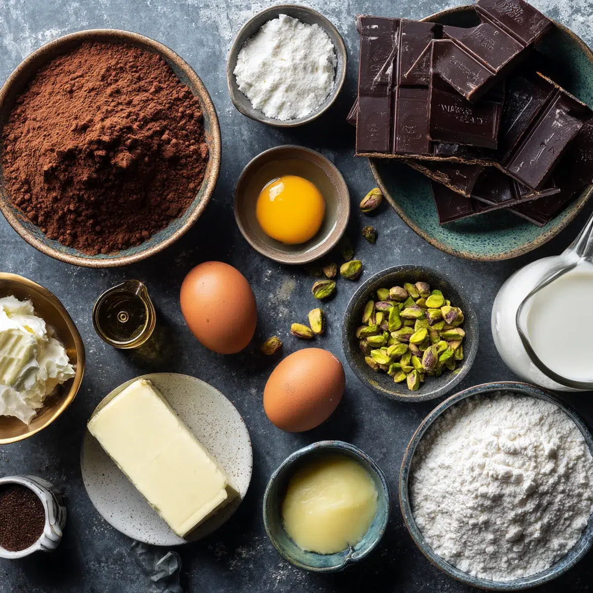 Ingredients arranged on marble counter including cocoa powder, cardamom, pistachios, and dark chocolate