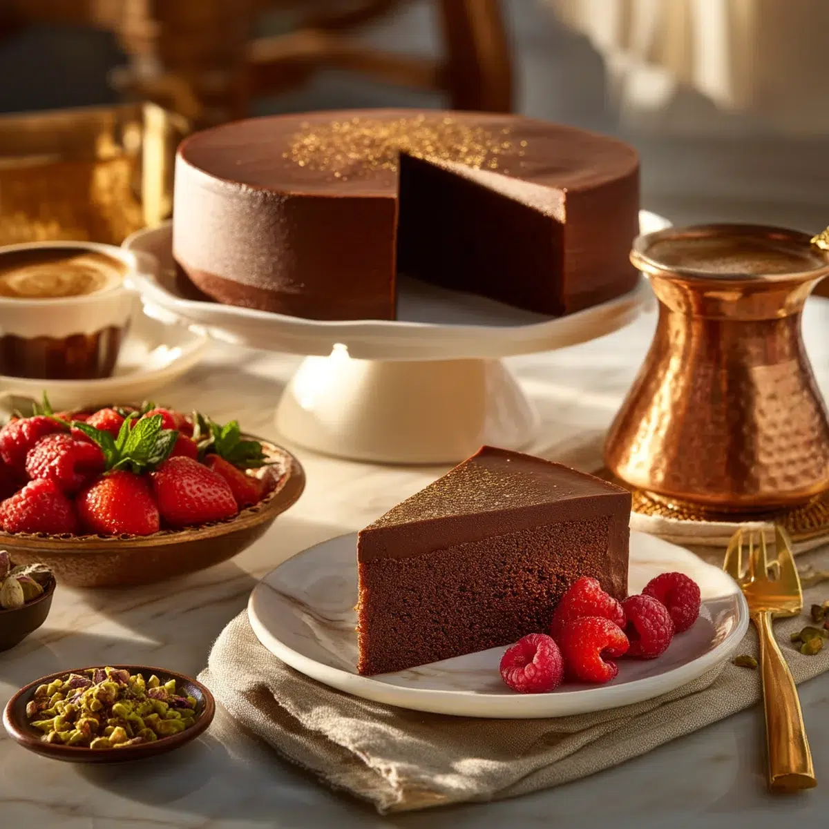 Dubai chocolate cake served with Turkish coffee, fresh berries, and small Middle Eastern pastries on elegant table setting