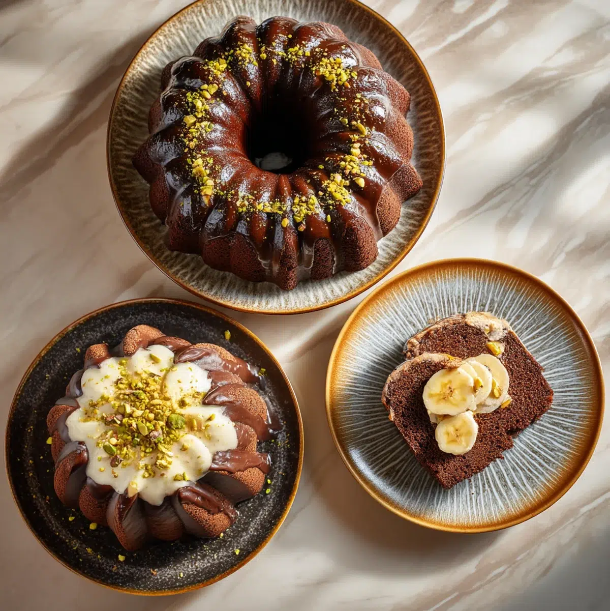 Different cake variations including bundt version and pistachio version side by side