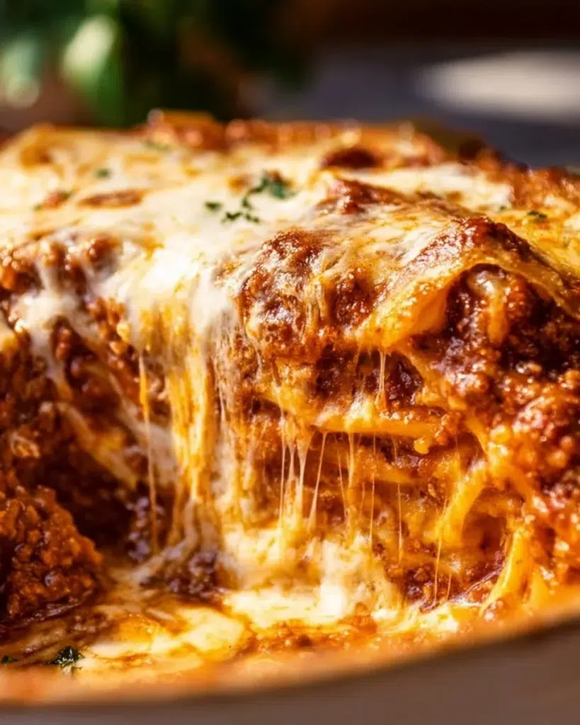 Delicious easy lasagna ready to serve with layers of sauce and cheese