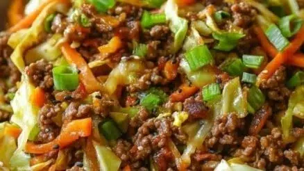 Egg Roll in a Bowl 1 Delicious egg roll in a bowl with colorful vegetables and savory filling