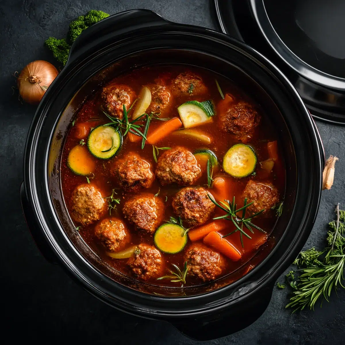 Crockpot Meatball Soup Variations Different variations of crockpot meatball soup showing turkey meatballs and added vegetables