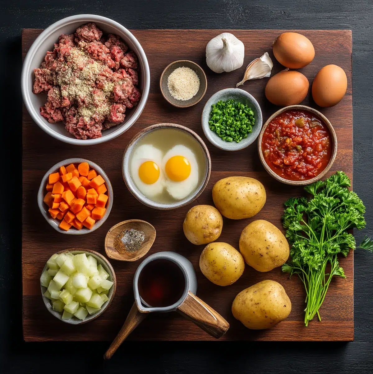 Fresh Ingredients for Fall Crockpot Meatball Soup Fresh ingredients for fall crockpot meatball soup laid out on wooden cutting board