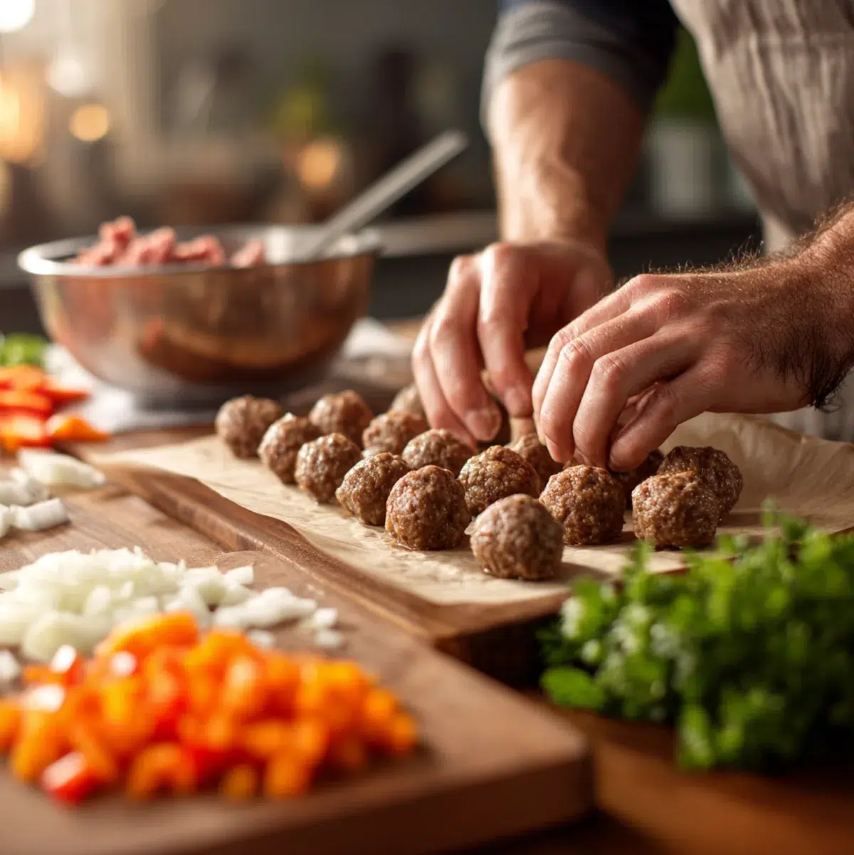 Step-by-Step Meatball Soup Preparation Step by step process of making meatballs and preparing vegetables for crockpot soup