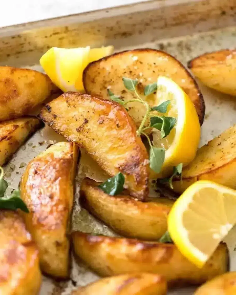 Golden roasted Greek lemon potatoes with garlic and herbs
