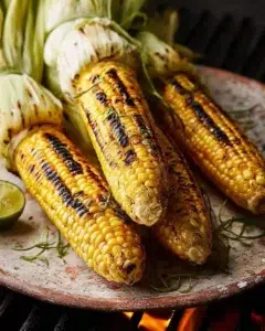 Delicious grilled corn on the cob topped with charred butter and fresh herbs