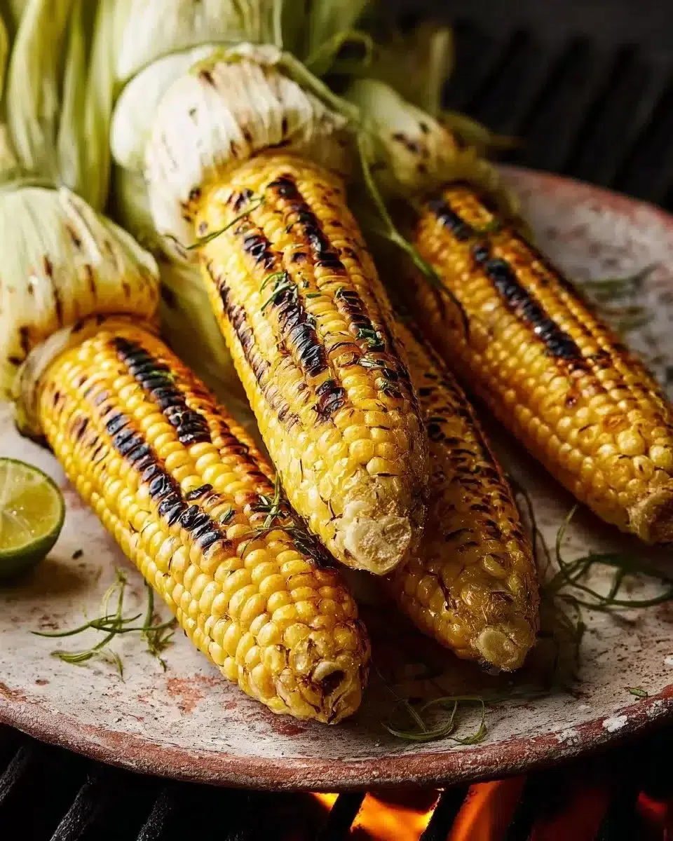 Delicious grilled corn on the cob topped with charred butter and fresh herbs