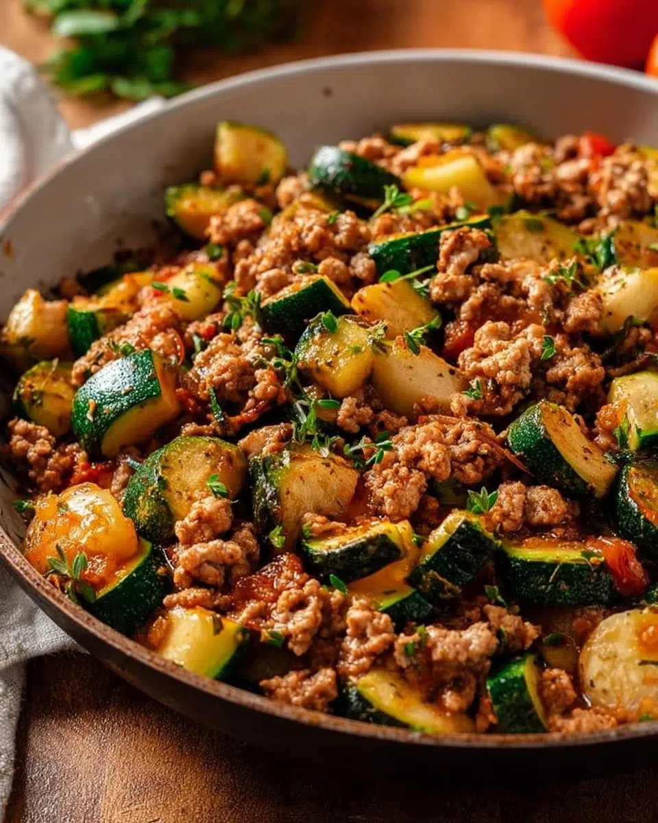 Ground Turkey and Zucchini Skillet 1 Ground Turkey and Zucchini Skillet dish served in a skillet