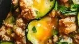 Ground Turkey and Zucchini Skillet dish in a skillet with fresh herbs.