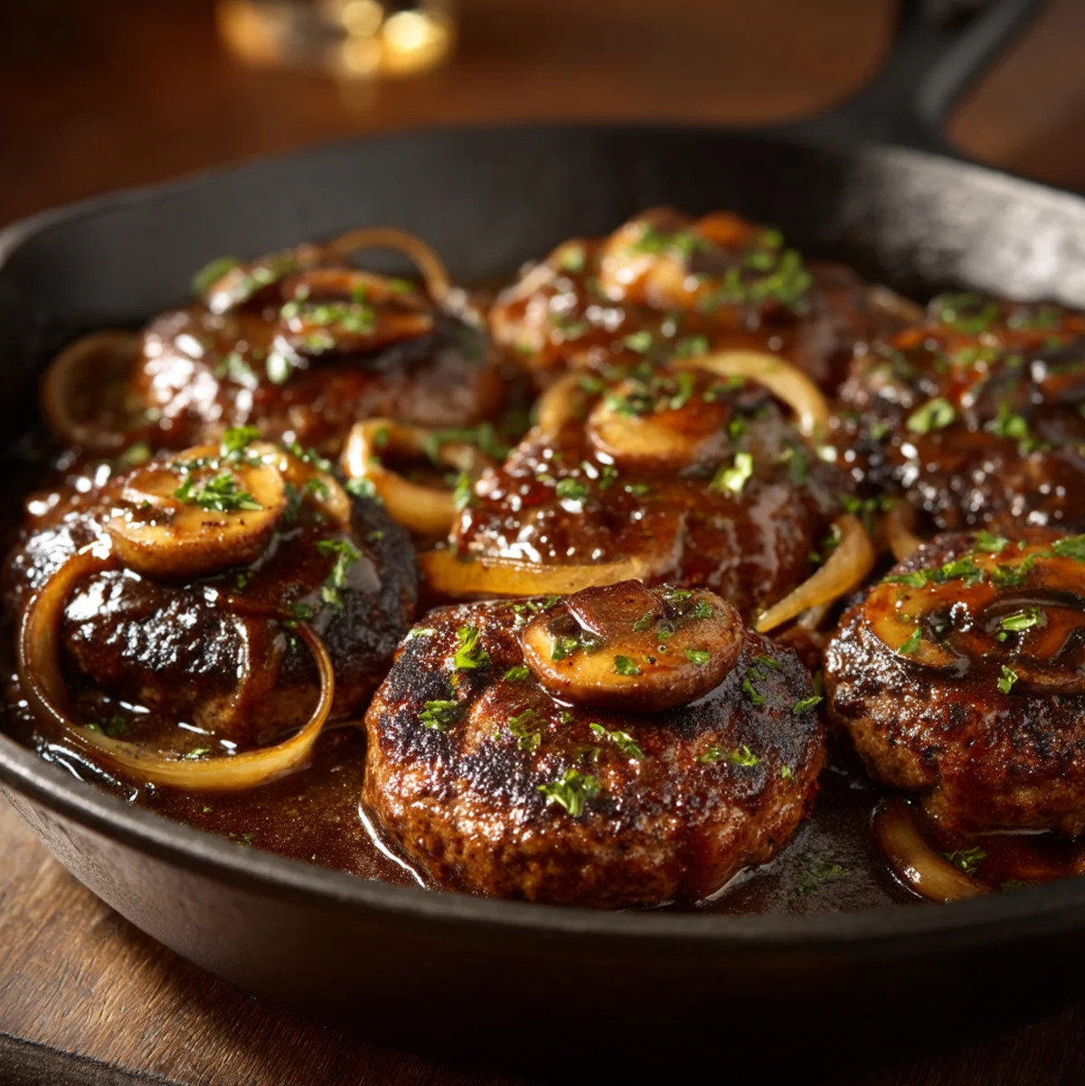 Perfect glamour shot of hamburger steaks with onion mushroom gravy in cast iron skillet garnished with fresh parsley and served with sides on rustic wooden table