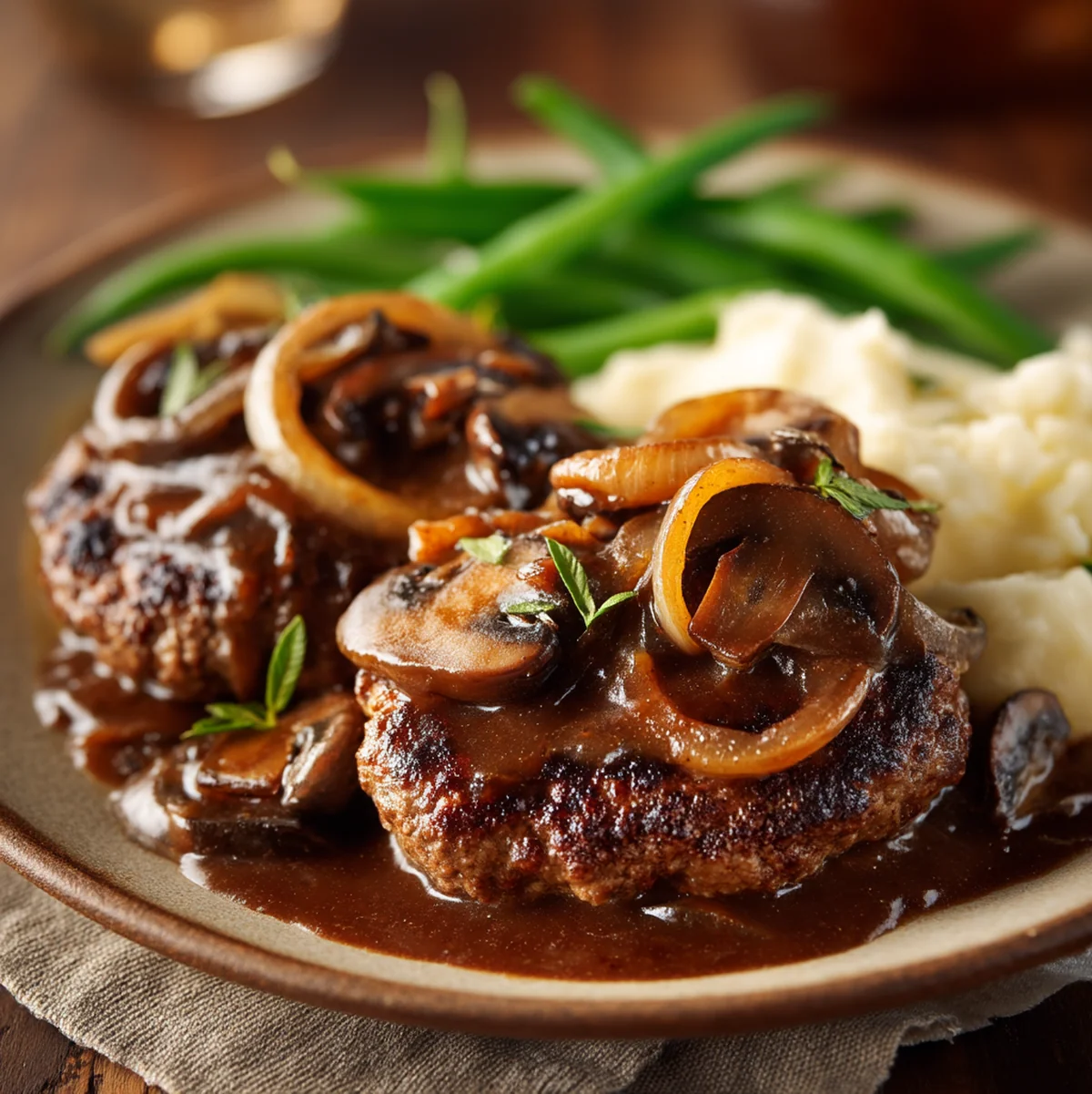 Golden-brown hamburger steaks smothered in rich onion mushroom gravy served with creamy mashed potatoes and fresh green beans on a rustic dinner plate