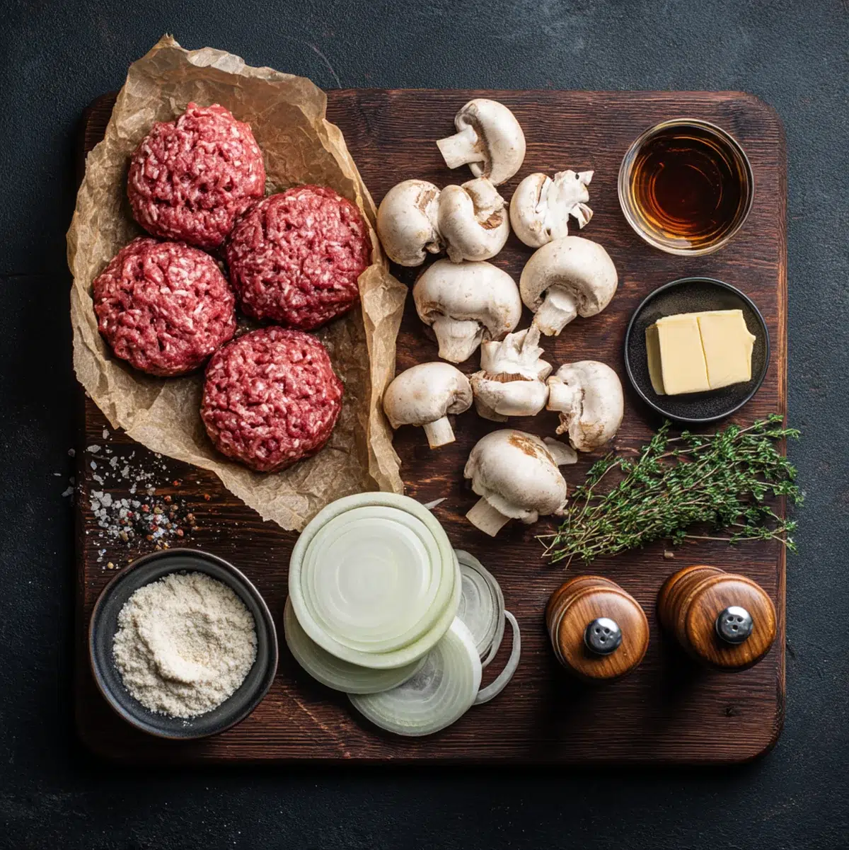 Organized ingredient layout showing raw ground beef, sliced onions and mushrooms, spices, and fresh herbs arranged on a wooden cutting board