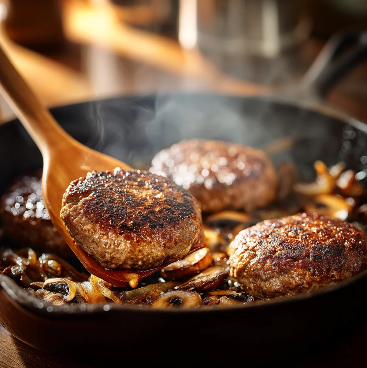 Action shot of golden hamburger steaks sizzling in cast iron skillet with caramelized onions and mushrooms being stirred with wooden spoon