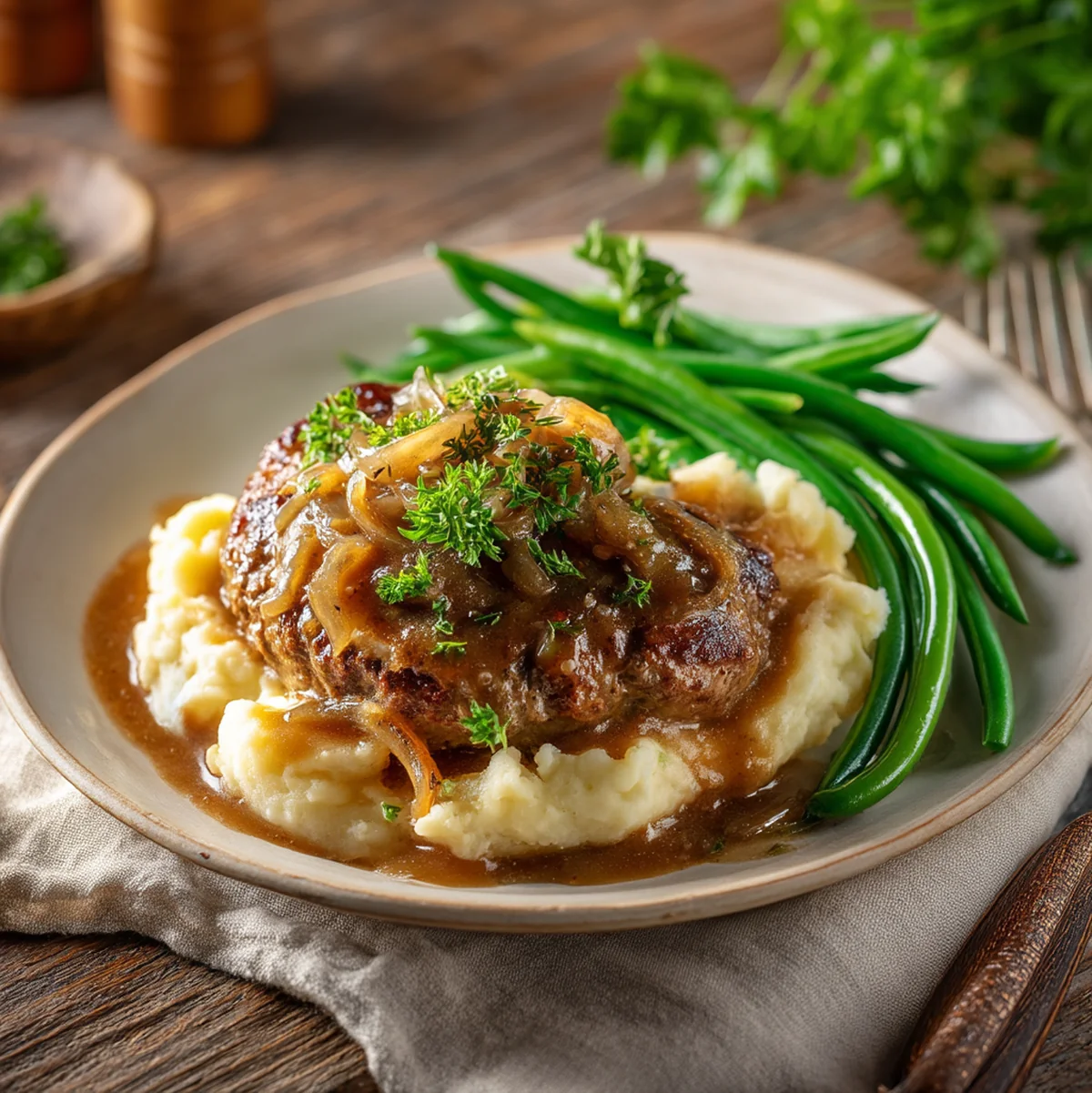 Elegant plating of hamburger steak with onion mushroom gravy served over creamy mashed potatoes with fresh herbs and roasted vegetables on a white dinner plate
