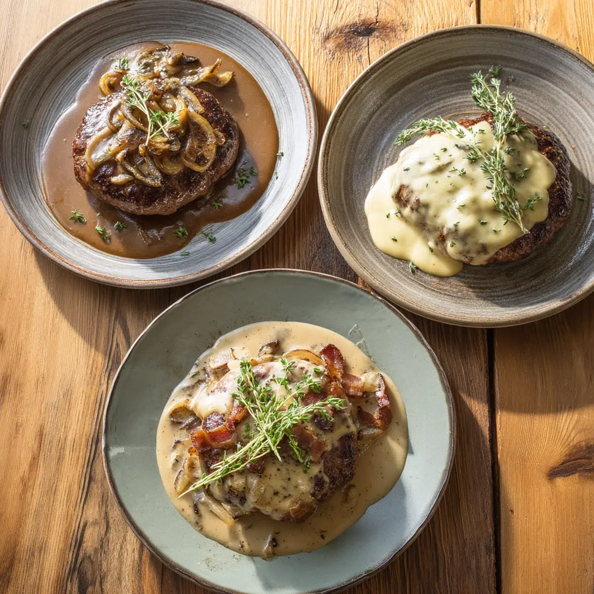 Three different variations of hamburger steaks displayed on separate plates showing cheesy version, herb-crusted version, and bacon mushroom version with colorful garnishes