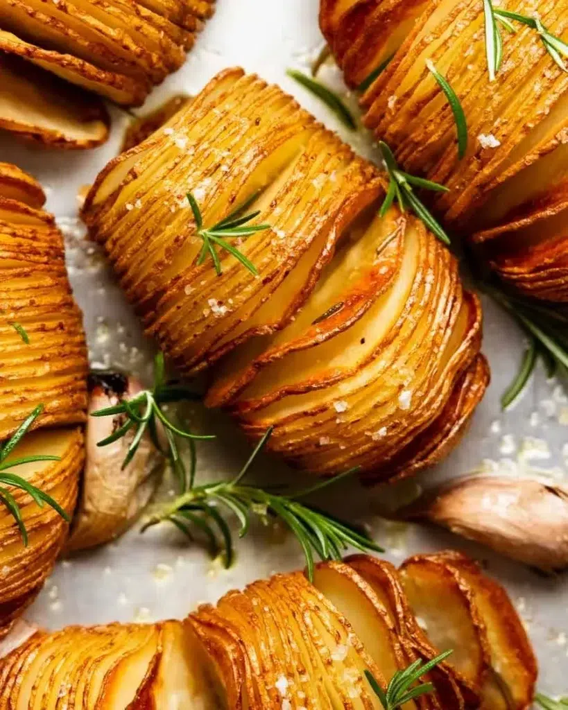Oven-baked Hasselback potatoes garnished with herbs and spices.