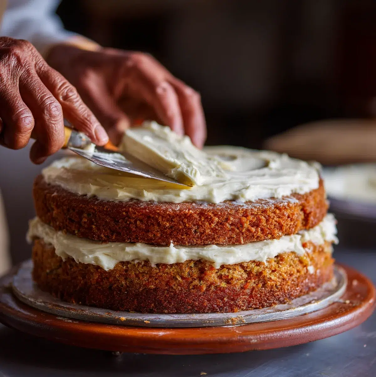 Hawaiian Carrot Pineapple Cake: 1 Paradise Slice 6 Hands spreading creamy white cream cheese frosting between two golden cake layers with an offset spatula