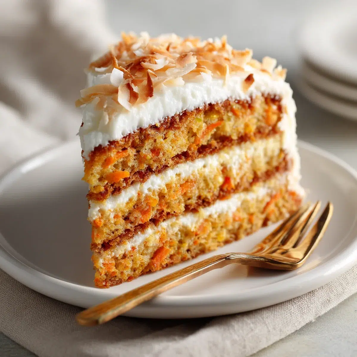 Hawaiian Carrot Pineapple Cake: 1 Paradise Slice 7 Perfect slice of layered Hawaiian carrot pineapple cake on white plate showing moist golden crumb, visible carrots and pineapple, with cream cheese frosting layers