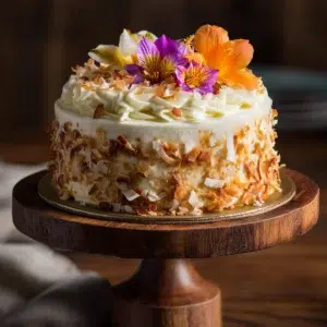 Golden Hawaiian carrot pineapple cake with cream cheese frosting on rustic wooden cake stand garnished with toasted coconut and tropical flowers