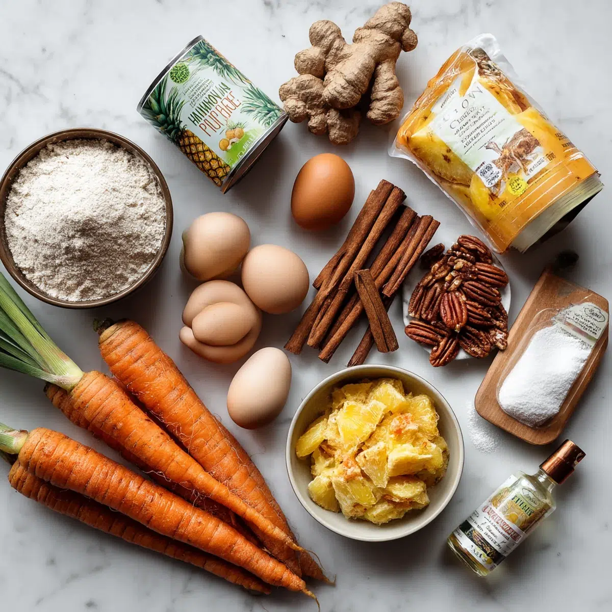 Hawaiian Carrot Pineapple Cake: 1 Paradise Slice 3 Flat lay of Hawaiian carrot pineapple cake ingredients including fresh carrots, crushed pineapple, coconut flakes, pecans, warm spices, flour, and eggs arranged on marble surface