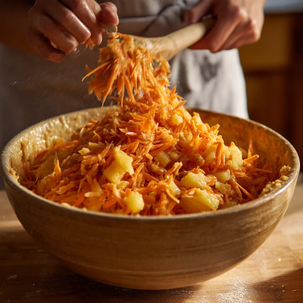 Hawaiian Carrot Pineapple Cake: 1 Paradise Slice 4 Hands folding shredded carrots and well-drained crushed pineapple into golden spiced cake batter in a large mixing bowl