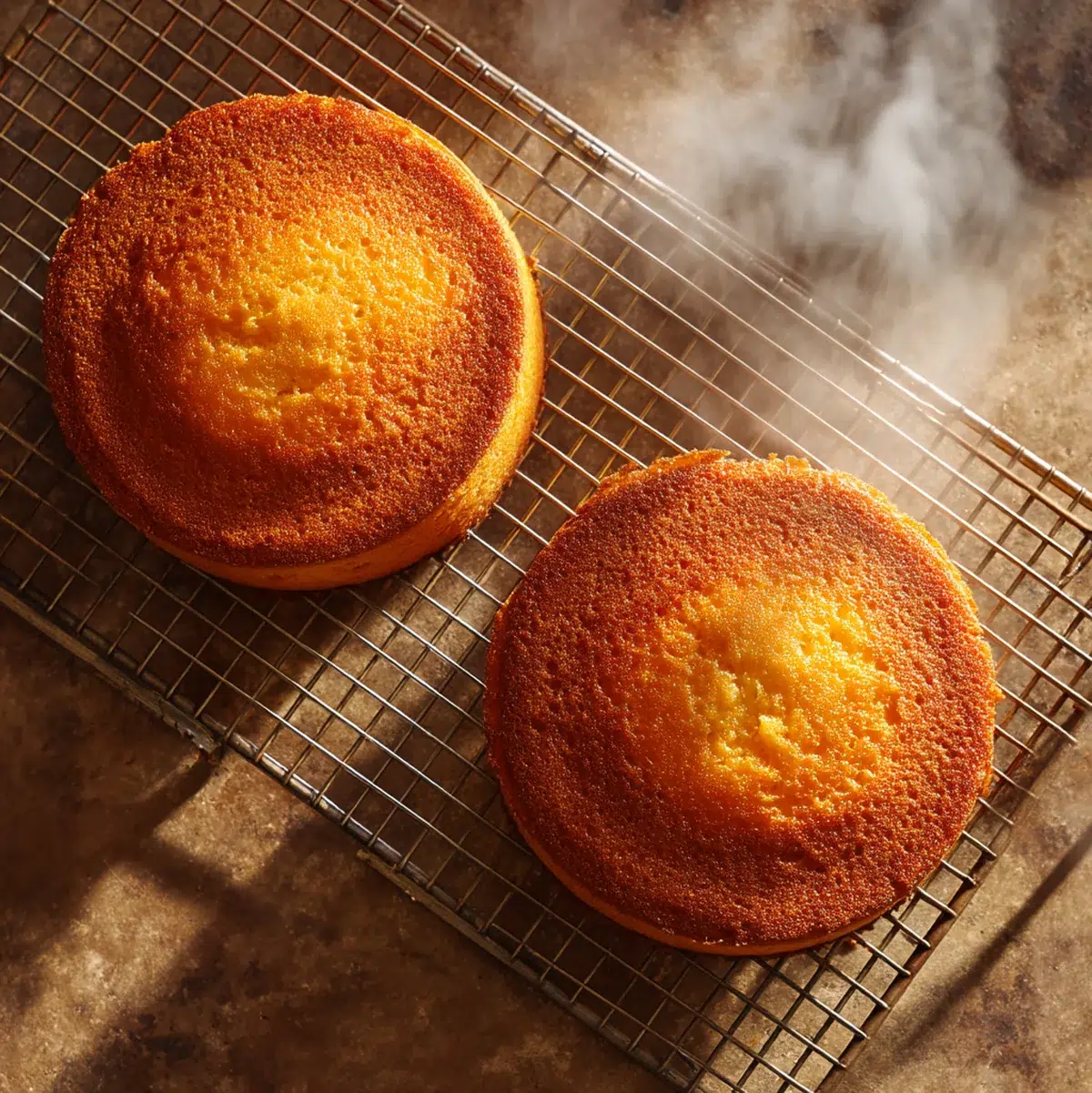 Hawaiian Carrot Pineapple Cake: 1 Paradise Slice 5 Two golden Hawaiian carrot pineapple cake layers cooling on wire racks straight from the oven, with visible texture and golden-brown tops