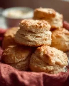 Homemade flaky buttermilk biscuits on a rustic wooden table