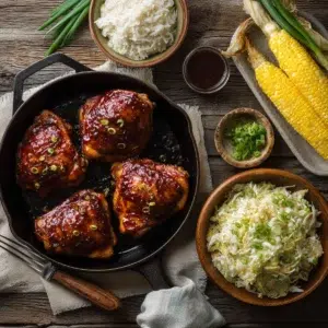 Honey BBQ Chicken Recipe (Sticky, Crispy & Irresistible) 6 Overhead view of honey BBQ chicken dinner spread with skillet, rice, coleslaw, and corn on rustic table