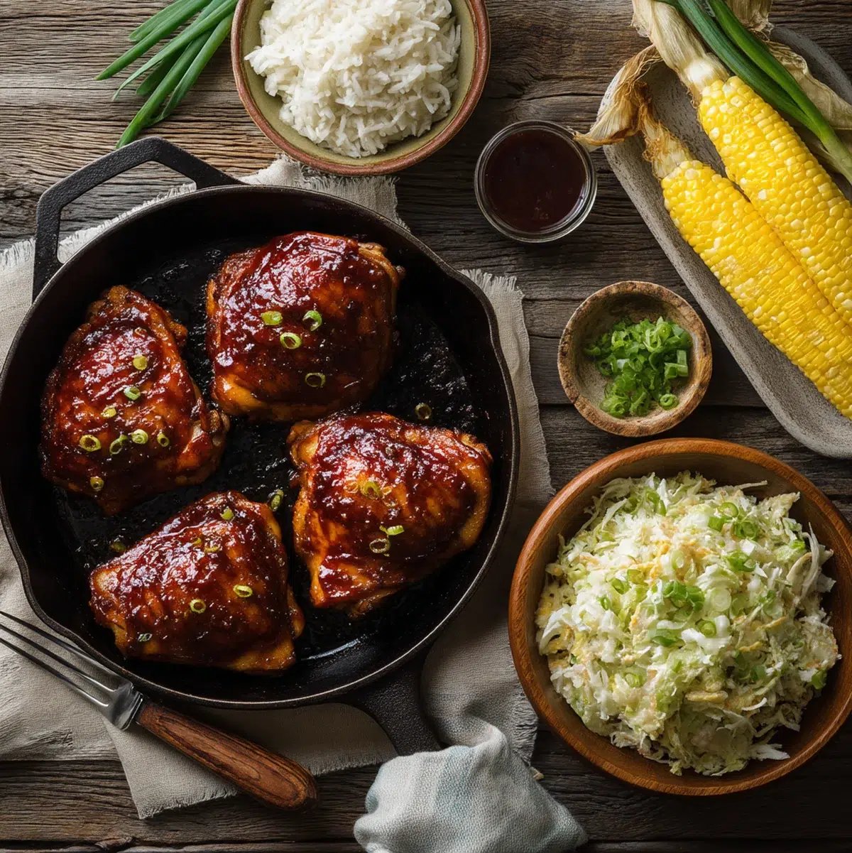 Overhead view of honey BBQ chicken dinner spread with skillet, rice, coleslaw, and corn on rustic table