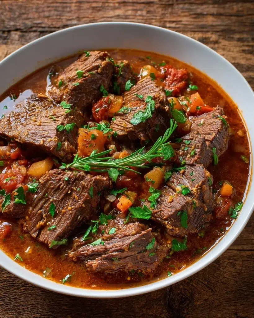 Italian Pot Roast served with vegetables and herbs in a rustic pot