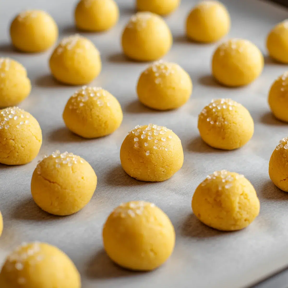 Lemon cake mix cookie dough balls arranged on a parchment-lined baking sheet ready for the oven