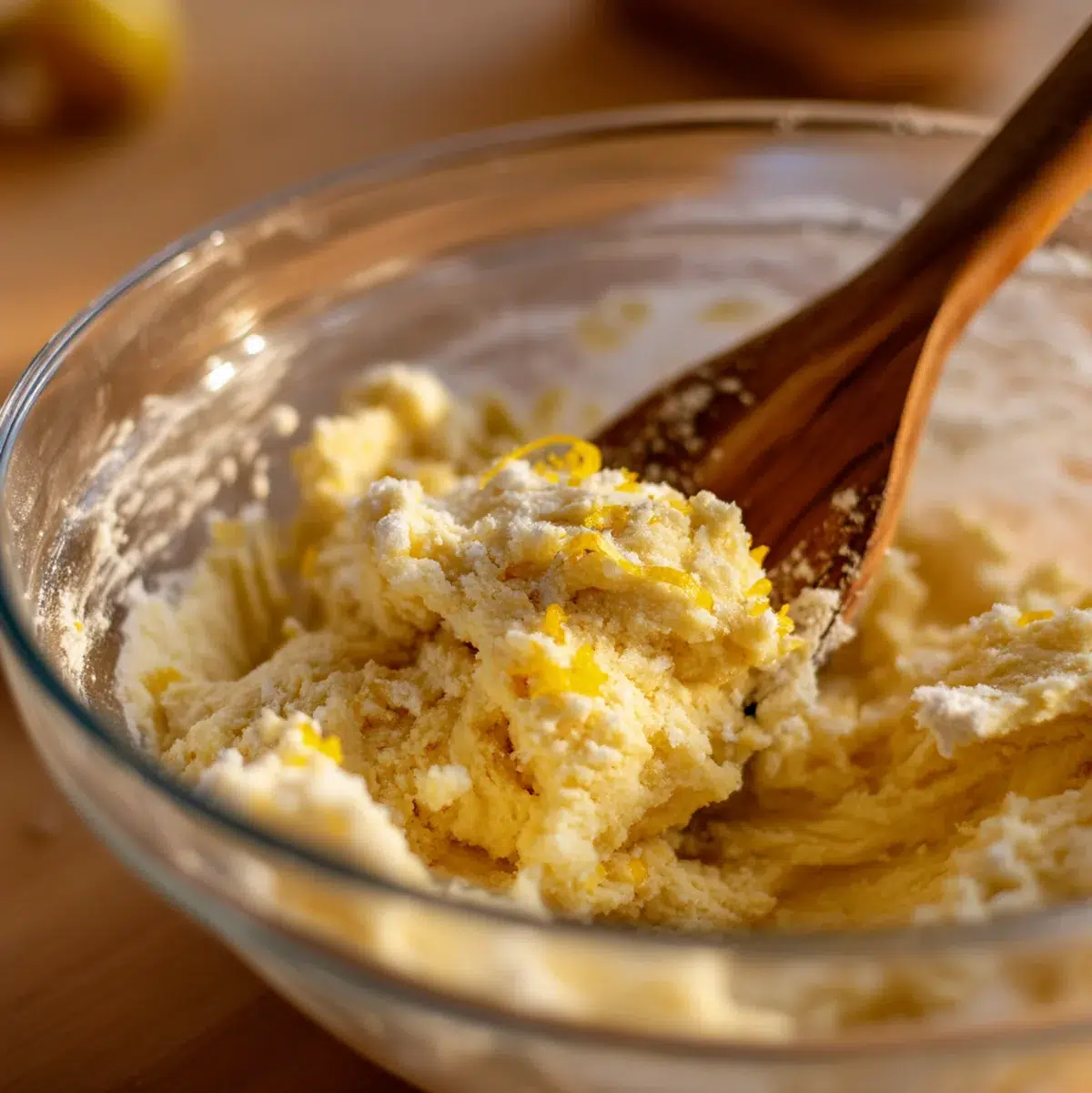 Cookie dough being mixed in a glass bowl, showing the soft yellow lemon cake mix cookie dough texture