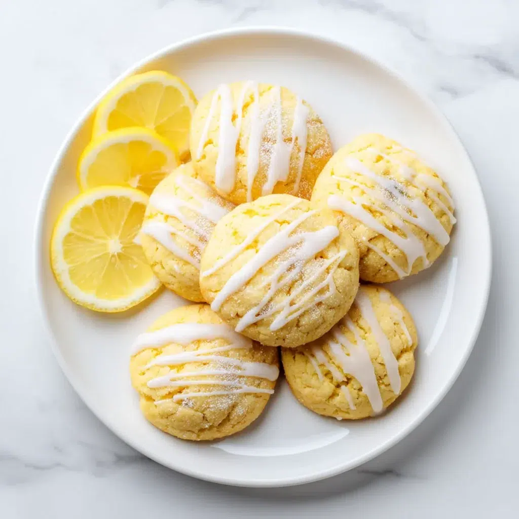 Lemon cake mix cookies arranged on a white plate with lemon glaze drizzle, bright natural light