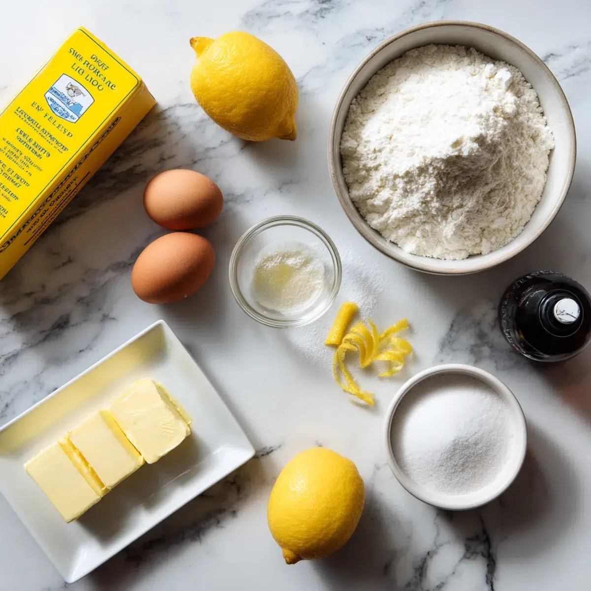 Ingredients for lemon cake mix cookies laid out on a marble counter: cake mix box, eggs, butter, lemon, powdered sugar