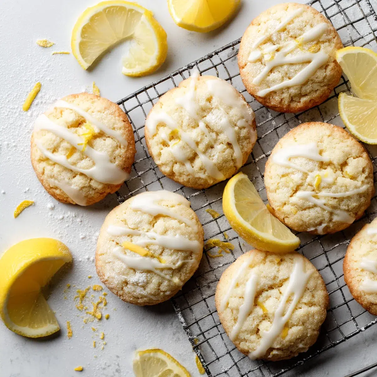 Overhead view of lemon cake mix cookies cooling on a wire rack with lemon glaze drizzle