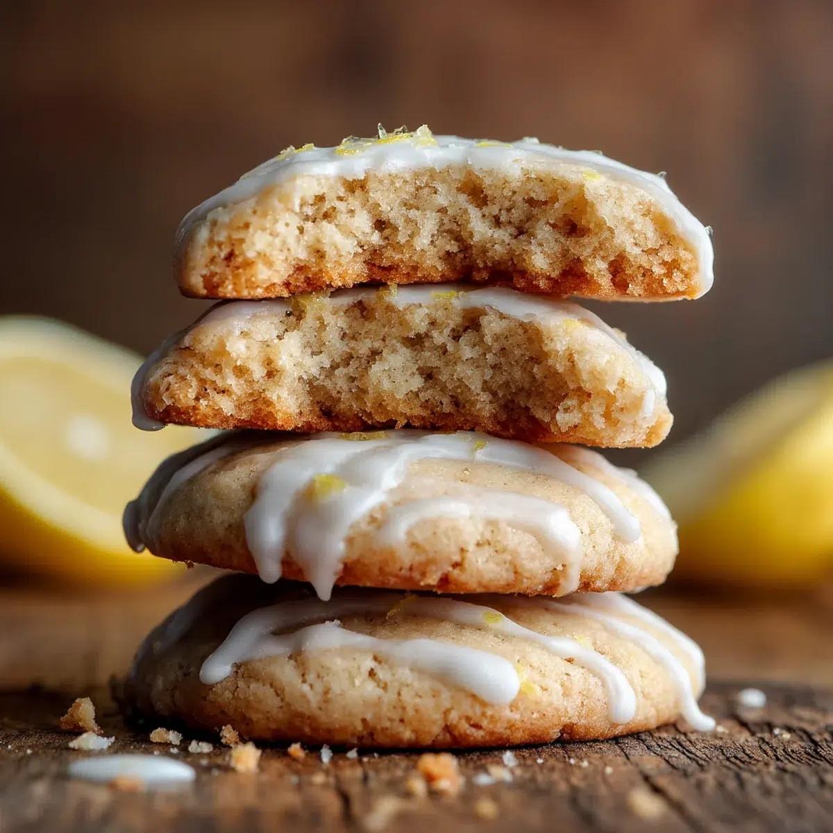 Stack of three lemon cake mix cookies showing soft interior texture and lemon glaze on top